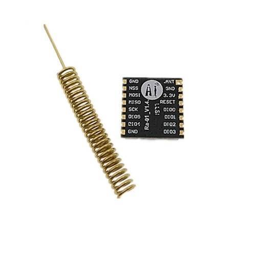 Retired Product Lora Ra-01 433MHz SX1278 Long Range Wireless Module - shown with its square black circuit board and a separate gold-colored helical wire antenna.