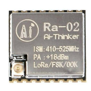 Retired Product Lora Ra-01 433MHz SX1278 Long Range Wireless Module - Ai-Thinker Ra-02 wireless module, a square black circuit board with a metal shield featuring printed text and a small gold-coloured antenna connector.