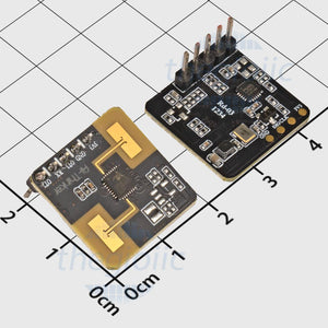 Retired Product Rd-03 AI-thinker Human Presence Sensor Radar - shown from both sides, featuring a black square circuit board with gold antenna patterns and pin headers.