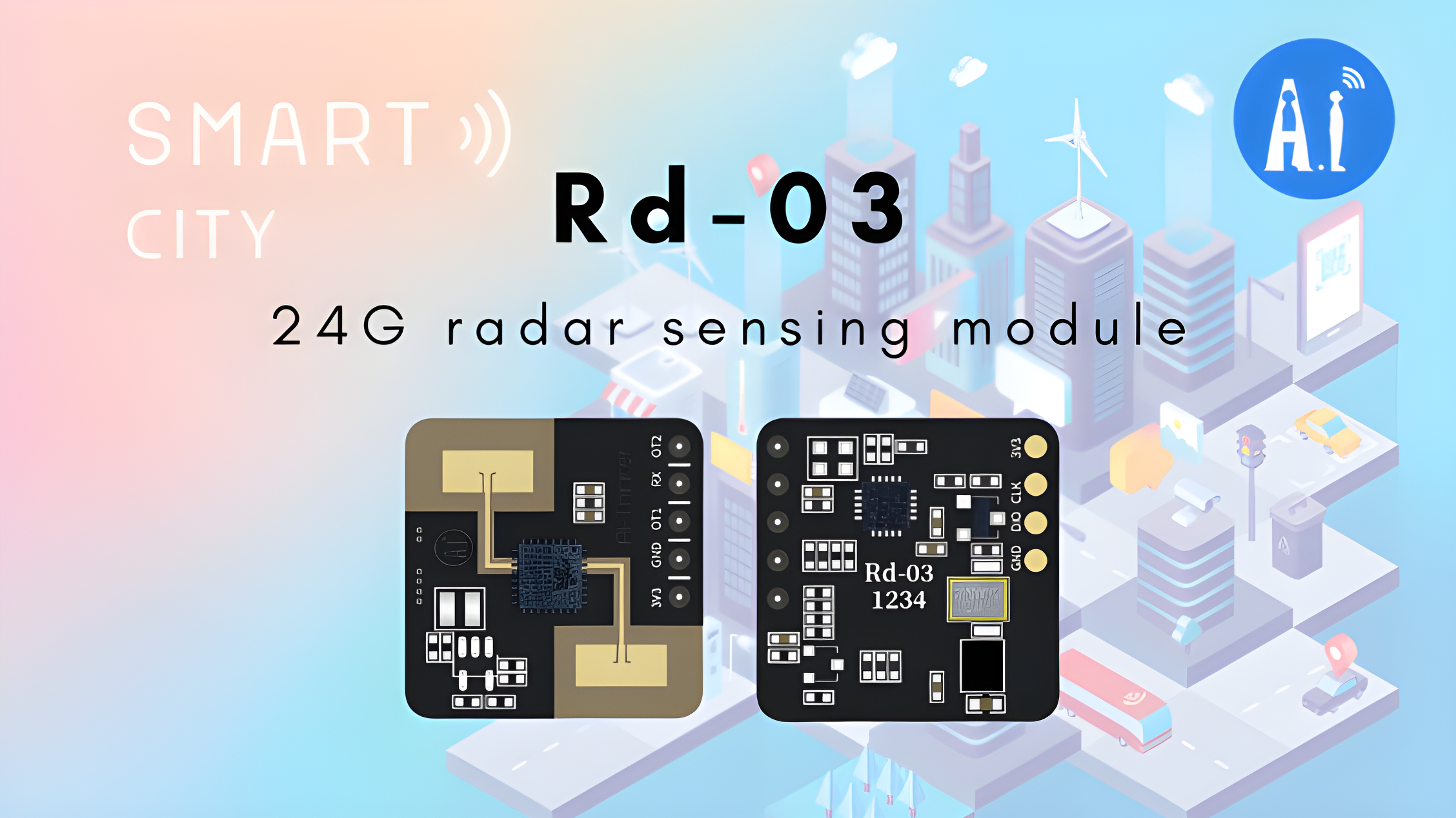 Retired Product Rd-03 AI-thinker Human Presence Sensor Radar - shown from both sides, featuring a black square PCB with gold antenna patches and labeled pin headers.