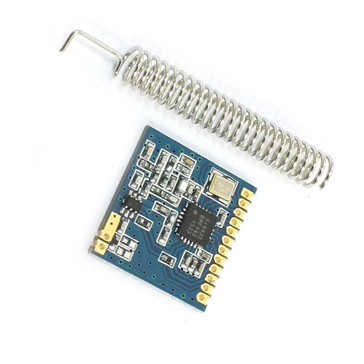 Retired Product XL4432-SMT SI4432 Wireless Transceiver Module - a blue square circuit board with an integrated chip and a separate long silver coiled wire antenna.