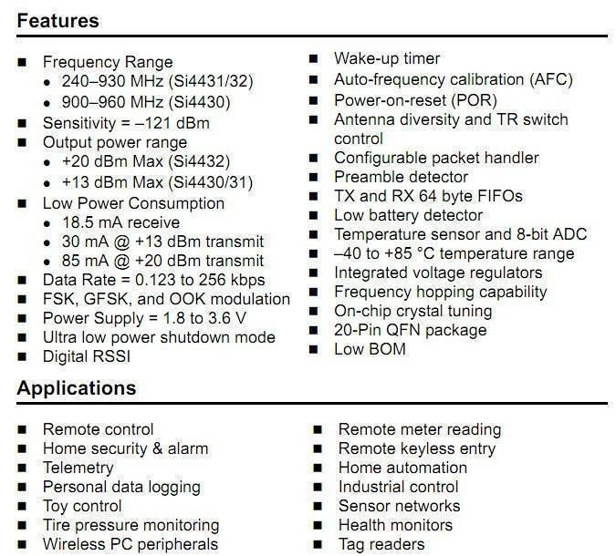 Retired Product XL4432-SMT SI4432 Wireless Transceiver Module - a technical specification list detailing features and applications for the electronic component.