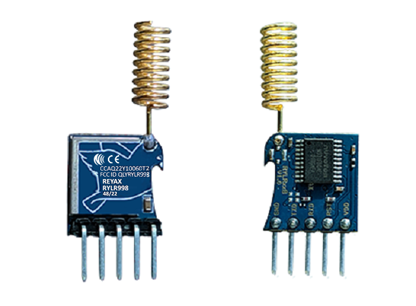 Reyax RYLR998 868/915MHz LoRa® Antenna Transceiver Module DIP Version - the front with a coiled antenna and the back with a chip and five pins on a blue circuit board.