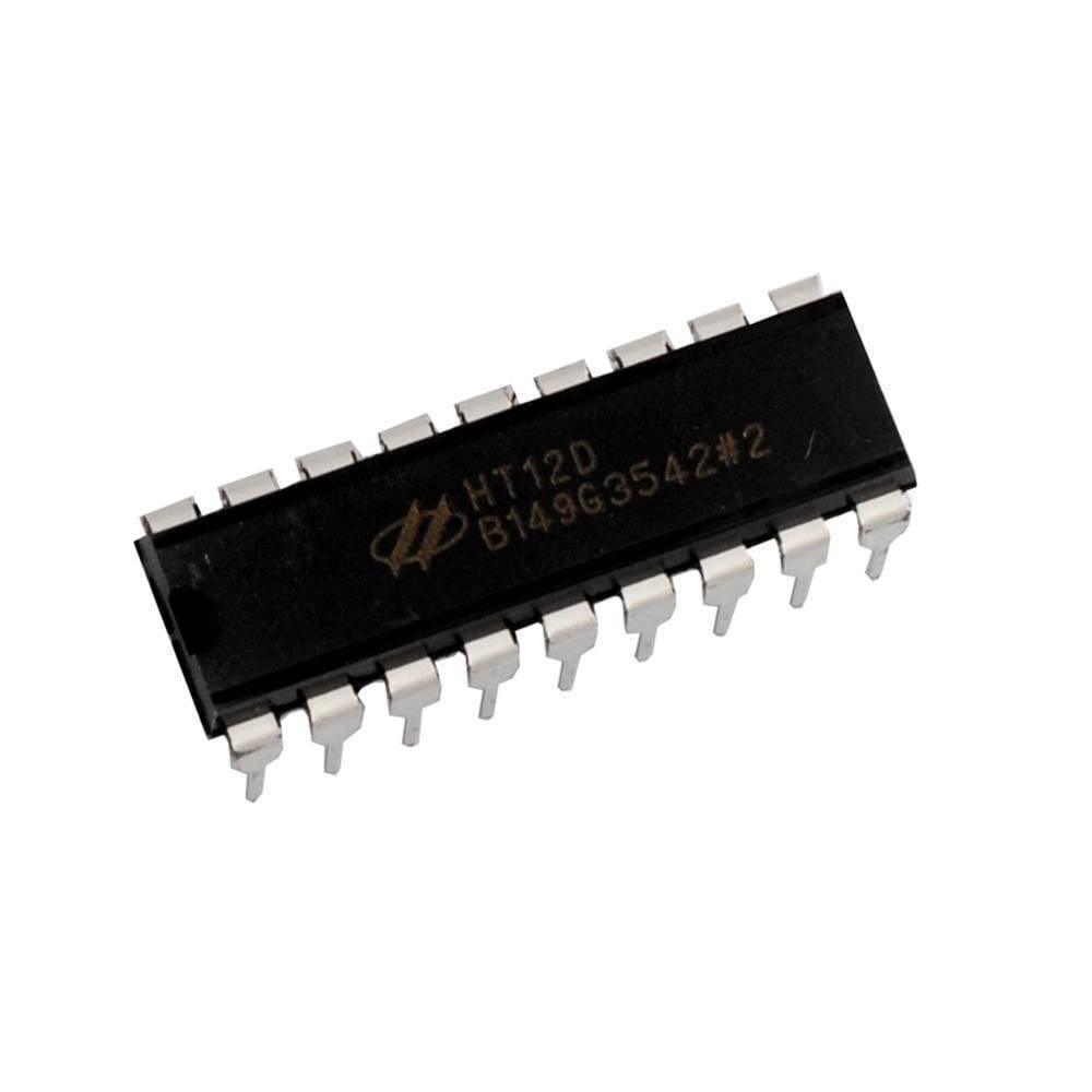 RF Decoder IC HT12D 18 Pin DIP - an 18-pin black dual in-line package integrated circuit with silver-colored metal pins, shown from a top-down angle.