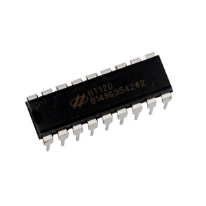 RF Decoder IC HT12D 18 Pin DIP - an 18-pin black dual in-line package integrated circuit with silver-colored metal pins, shown from a top-down angle.