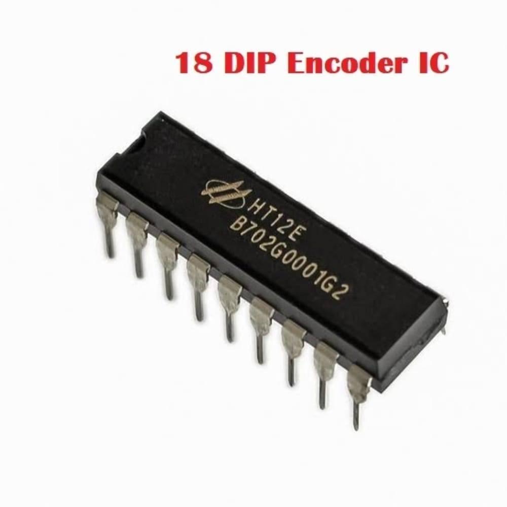RF Encoder IC HT12E 18 DIP - shown as a black, rectangular 18-pin dual in-line package electronic component with white text printed on its top surface.