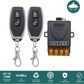 RF Wireless 2 Remote Control Switch 433MHz AC220V 30A Relay Receiver Transmitter - two black remote key fobs and a black relay receiver box.