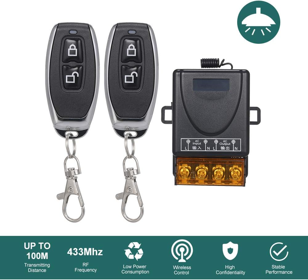 RF Wireless 2 Remote Control Switch 433MHz AC220V 30A Relay Receiver Transmitter - two black remote key fobs and a black relay receiver box.