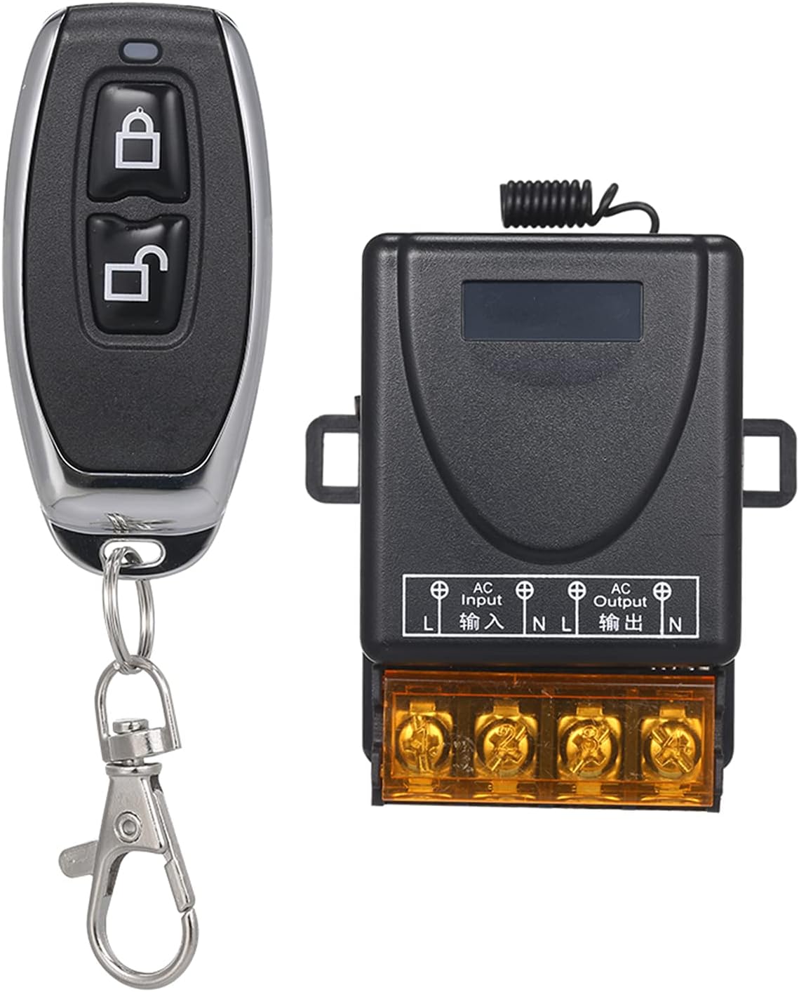 RF Wireless 2 Remote Control Switch 433MHz AC220V 30A Relay Receiver Transmitter - a black rectangular receiver with four screw terminals and a matching black remote with two buttons and a keychain.