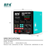 RF4 RF-3005D 30V / 5A Multifunctional High Precision Adjustable DC Stabilized Power Supply - its front panel with digital displays, control knobs, buttons, output ports, and dimension labels in millimeters.