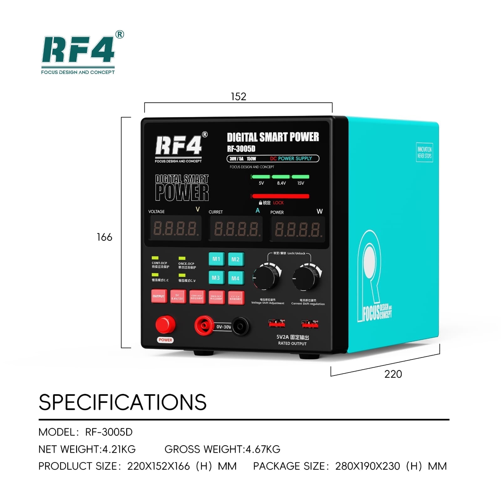 RF4 RF-3005D 30V / 5A Multifunctional High Precision Adjustable DC Stabilized Power Supply - its front panel with digital displays, control knobs, buttons, output ports, and dimension labels in millimeters.