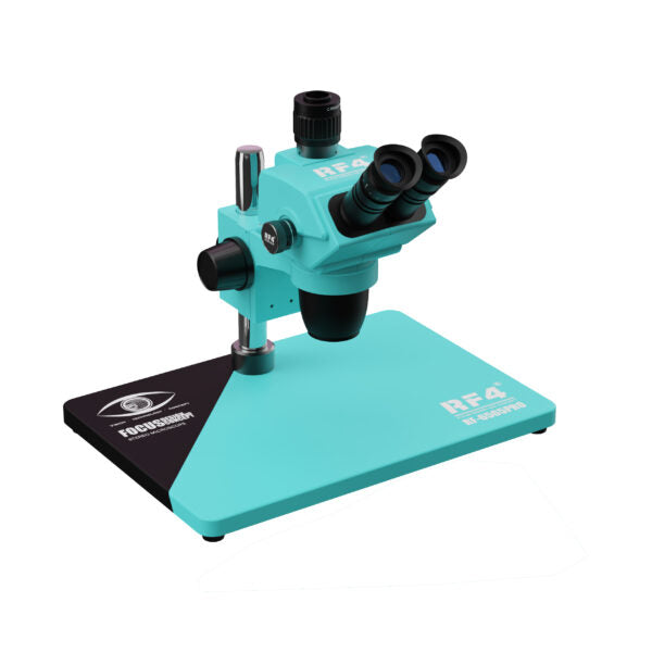 RF4 RF-6565PRO High Performance 6.5X to 65X Trinocular Stereo Microscope - a teal-coloured body and base with dual eyepieces, a top camera port, and side adjustment knobs.