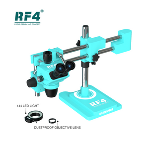 RF4 RF-6565PRO3 6.5-65X Synchronous Zoom Trinocular Stereo Microscope with Double-ARM Boom Stand - cyan double-arm boom stand, including a 144 LED ring light and a dustproof objective lens accessory.