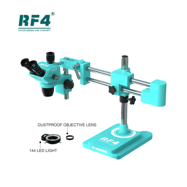 RF4 RF-6565PRO3 6.5-65X Synchronous Zoom Trinocular Stereo Microscope with Double-ARM Boom Stand - including a 144 LED light ring and a dustproof objective lens.