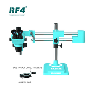 RF4 RF-6565PRO3 6.5-65X Synchronous Zoom Trinocular Stereo Microscope with Double-ARM Boom Stand - blue double-arm boom stand, featuring a separate 144 LED ring light and dustproof objective lens below.