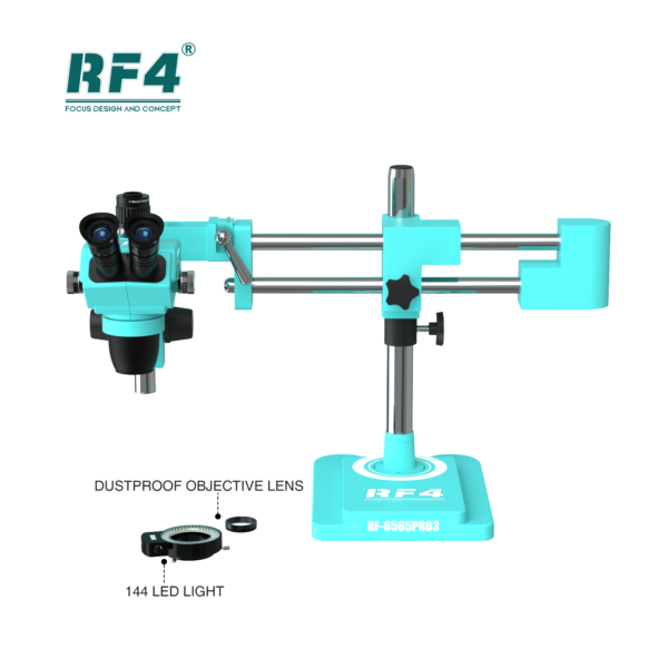 RF4 RF-6565PRO3 6.5-65X Synchronous Zoom Trinocular Stereo Microscope with Double-ARM Boom Stand - blue double-arm boom stand, featuring a separate 144 LED ring light and dustproof objective lens below.