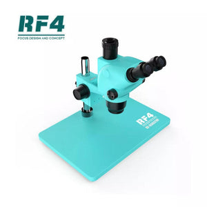 RF4 RF-6565TVP TRINOCULAR STEREO MICROSCOPE WITH BIG BASE 6.5X~65X ZOOM - 3D CONTINUOUS ZOOM - a teal-coloured microscope with a large base, adjustable knobs, and a trinocular head on a vertical stand.