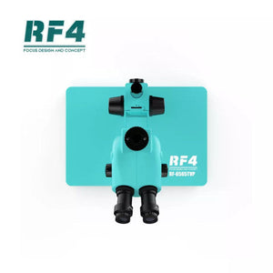 RF4 RF-6565TVP TRINOCULAR STEREO MICROSCOPE WITH BIG BASE 6.5X~65X ZOOM - 3D CONTINUOUS ZOOM - top-down view showing the teal-colored microscope body, two eyepieces, adjustment knobs, and a large base.
