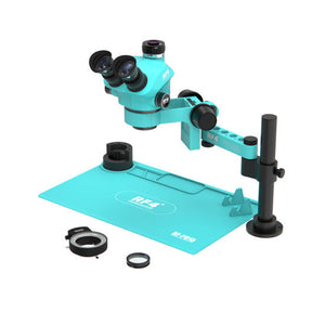 RF4 RF-7050 PRO 7X-50X ZOOM TRINOCULAR STEREO MICROSCOPE PRICE IN PAKISTA - an adjustable arm, base mat, LED ring light, and lens attachment.