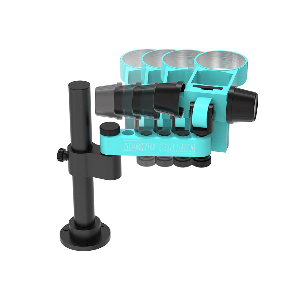 RF4 RF-7050 PRO 7X-50X ZOOM TRINOCULAR STEREO MICROSCOPE PRICE IN PAKISTA - a teal mechanical arm with black knobs and a black vertical mounting stand.