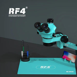 RF4 RF-7050 PRO 7X-50X ZOOM TRINOCULAR STEREO MICROSCOPE PRICE IN PAKISTA - an adjustable arm, dual eyepieces, a work mat with tool holders, and a smartphone stand.