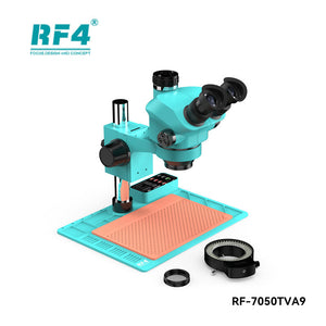 RF4 RF-7050TVA9 7X-50X Synchronous Zoom Trinocular Stereo Microscope with USB Charging Station - a base with a charging station, an orange work mat, and a separate LED ring light.