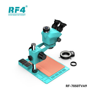 RF4 RF-7050TVA9 7X-50X Synchronous Zoom Trinocular Stereo Microscope with USB Charging Station - a base with a digital display, USB ports, a work mat, ring light, and lens accessory.