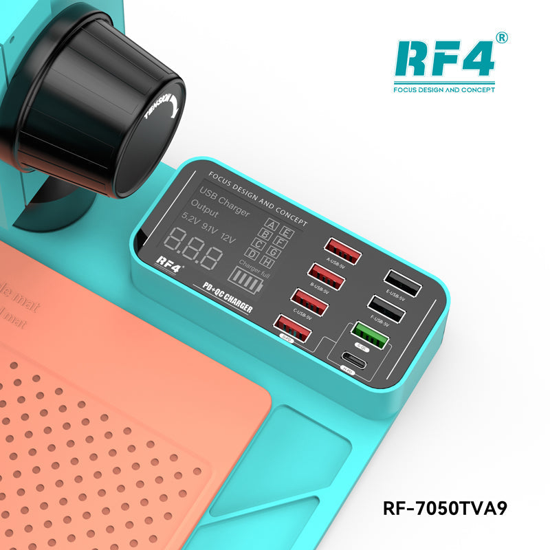 RF4 RF-7050TVA9 7X-50X Synchronous Zoom Trinocular Stereo Microscope with USB Charging Station - a teal base with a black tension knob, a digital display, and multiple USB charging ports labeled A through H.