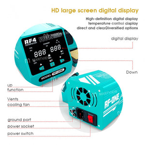 RF4 RF-ONE Intelligent Temperature Control Anti-static LED Digital Display Soldering Station - a teal main unit with a digital display, front control buttons, and a rear view with a fan, port, and power switch.