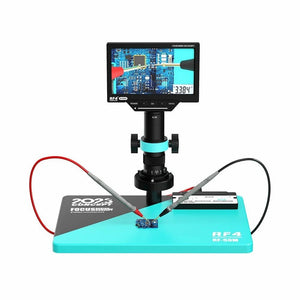 RF4 RF50M Digital Video Microscope | High-Precision Microscope - a teal base, a vertical stand with a 0.5x lens, and a screen displaying a circuit board and a 3.384 reading.