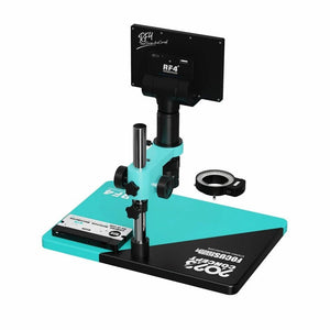 RF4 RF50M Digital Video Microscope | High-Precision Microscope - a turquoise and black stand, an adjustable vertical pole, a monitor, and a separate circular LED light ring.