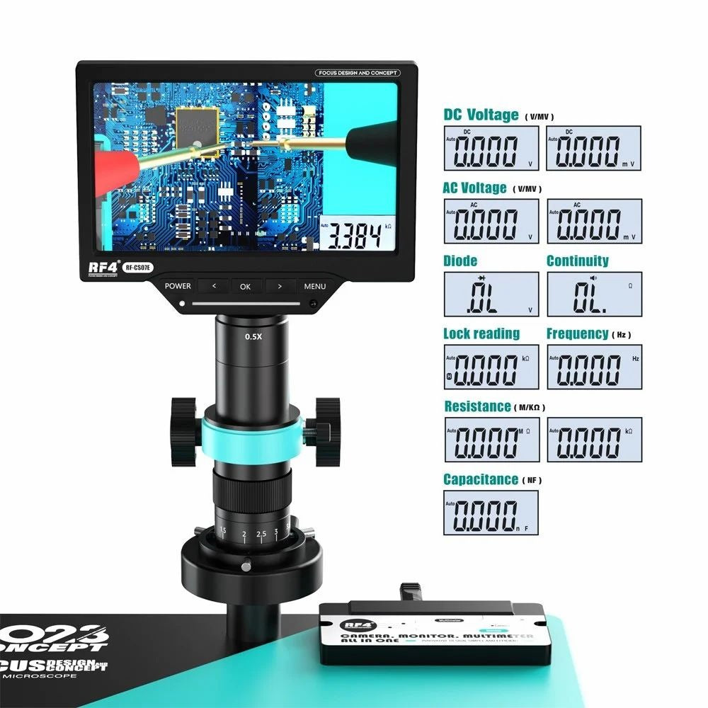 RF4 RF50M Digital Video Microscope | High-Precision Microscope - a black display unit on a stand, a probe testing a circuit board, and a list of digital multimeter readings.