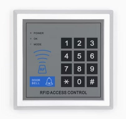 RFID Access Control System Device Machine Security Proximity Entry Door Lock Quality - a square grey device featuring a numeric keypad, a doorbell button, an RF sensor icon, and three status indicator lights.