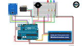 RFID Door Lock Project Parts - Fritzing circuit diagram showing an Arduino Uno connected to an RFID module, servo motor, buzzer, LEDs, and an LCD.