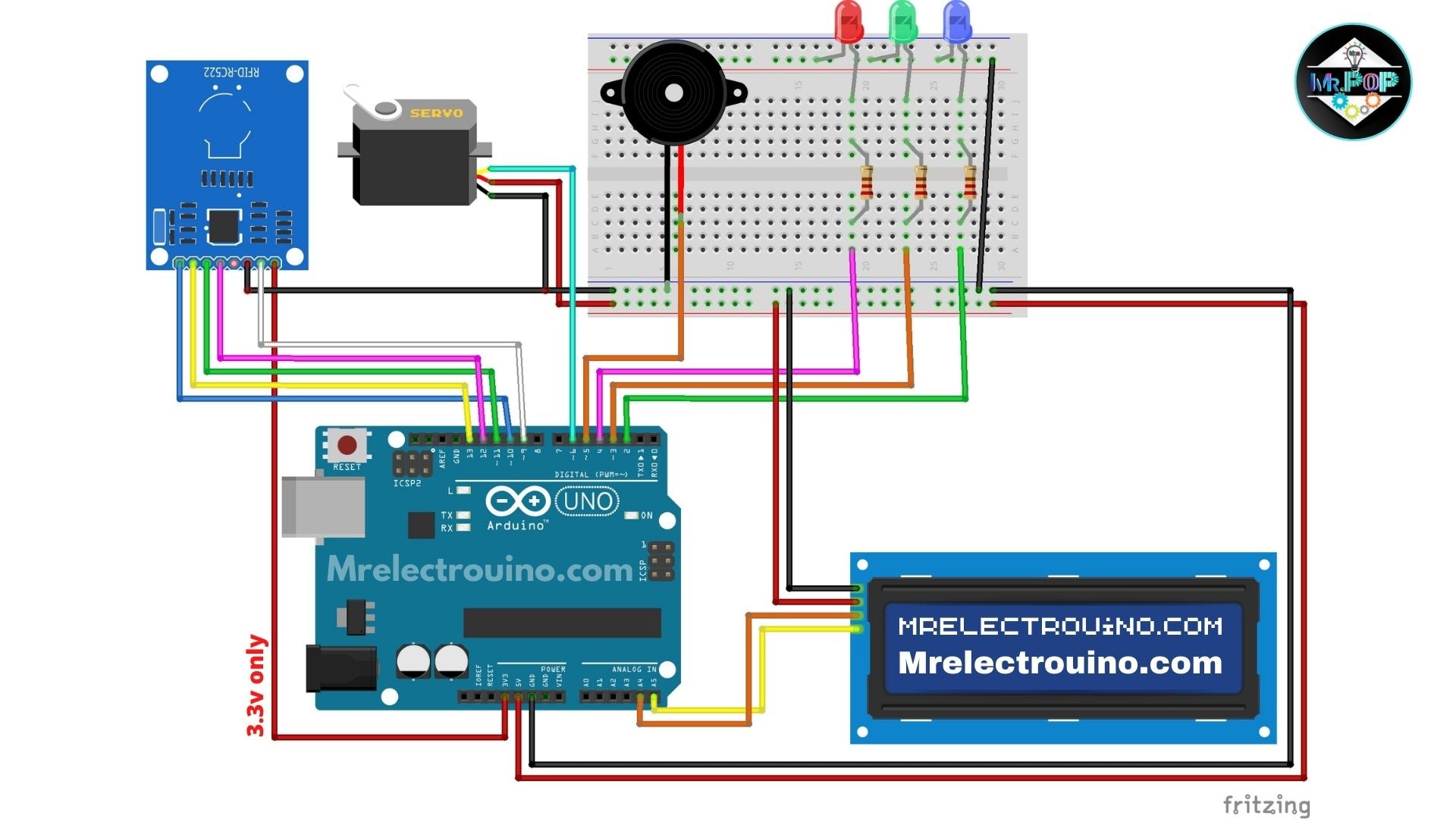RFID Door Lock Project Parts - Fritzing circuit diagram showing an Arduino Uno connected to an RFID module, servo motor, buzzer, LEDs, and an LCD.
