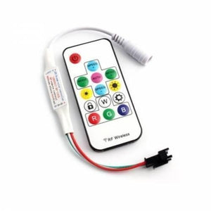 RGB LED Pixel Strip Lights Wireless Remote Controller For WS2811 SK6812 WS2812B 6803 1903 - a white RF remote with colorful buttons, a white control module, and black and white connectors.