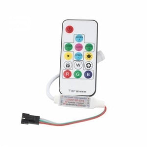 RGB LED Pixel Strip Lights Wireless Remote Controller For WS2811 SK6812 WS2812B 6803 1903 - a white RF remote with colourful buttons connected to a controller unit with a 3-pin connector.
