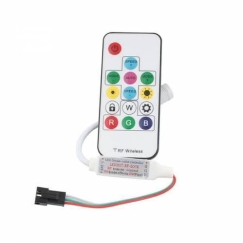 RGB LED Pixel Strip Lights Wireless Remote Controller For WS2811 SK6812 WS2812B 6803 1903 - a white RF remote with colourful buttons connected to a controller unit with a 3-pin connector.