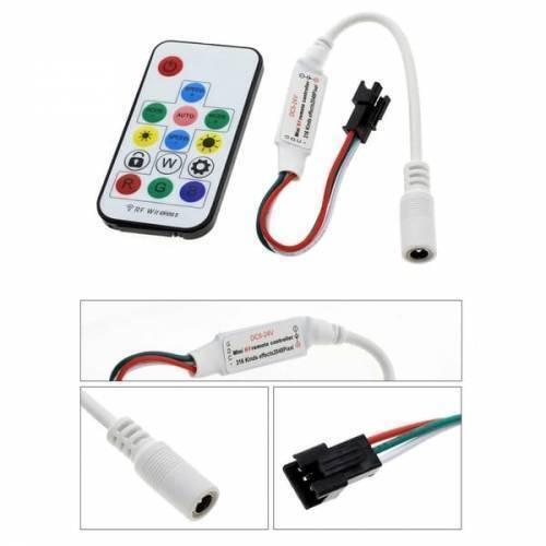 RGB LED Pixel Strip Lights Wireless Remote Controller For WS2811 SK6812 WS2812B 6803 1903 - a white remote with colorful buttons, a controller unit, and its input and output connectors.