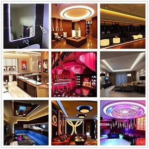 RGB LED Strip 30 LED Per Meter 5 Meter Roll 5050 Size 12V - shown in a collage of nine interior rooms featuring various colorful LED strip lighting effects.