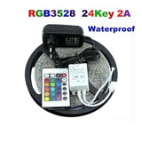 RGB LED Strip With Remote And Power Supply White Background 12V 5meter 24 Key Remote - shown as a coiled strip with a white control box and black power adapter on a white background.