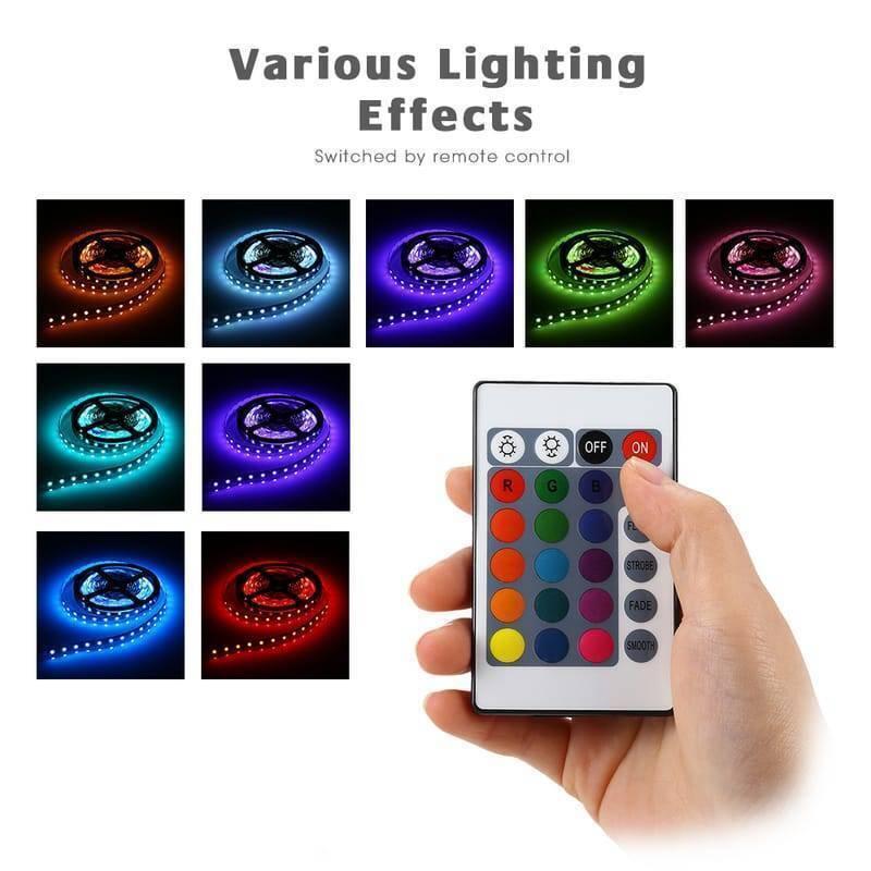 RGB LED Strip With Remote And Power Supply White Background 12V 5meter 24 Key Remote - hand holding a 24-key remote control next to eight square panels displaying the strip in various colors.