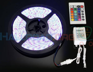 RGB LED Strip With Remote And Power Supply White Background 12V 5meter 24 Key Remote - a 5-meter LED strip on a black reel, a 24-key remote control, and an IR controller on a white background.