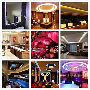 RGB LED Strip With Remote And Power Supply White Background 12V 5meter 24 Key Remote - a collage of nine interior rooms featuring various ceiling, wall, and furniture accent lighting effects.