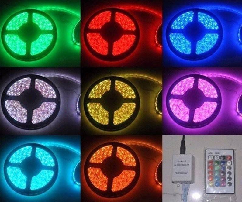 RGB LED Strip With Remote And Power Supply White Background 12V 5meter 24 Key Remote - a collage of eight LED light strips in various colors, a power adapter, and a 24-key remote control.