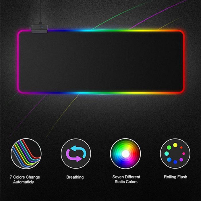 RGB Luminous Gaming Mouse Pad - a rectangular black mat with glowing edges and four circular icons illustrating color modes below it.