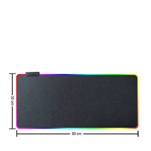 RGB Luminous Gaming Mouse Pad - shown as a rectangular black mat with a rainbow LED border, a small control button, and dimension markers for 80cm by 30cm.