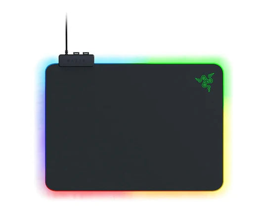 RGB Micro Texture Mouse Pads price - a black rectangular surface with a green Razer logo and a top-mounted controller with a USB cable.