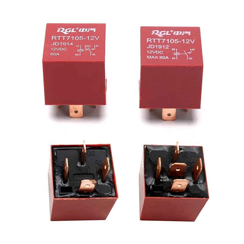 RGL RTT7105-12V High Current 80A Automotive Relay 4-Pin JD1912 – 12VDC - two red cuboid relays shown from the front and bottom, displaying pin layouts and printed technical specifications.