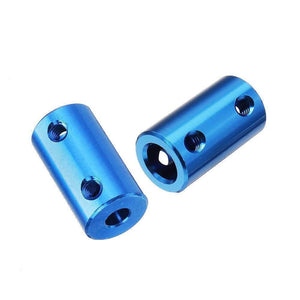 Rigid Shaft Coupler 5x8mm - two blue cylindrical metal couplers with threaded side holes and central shaft bores, isolated against a white background.